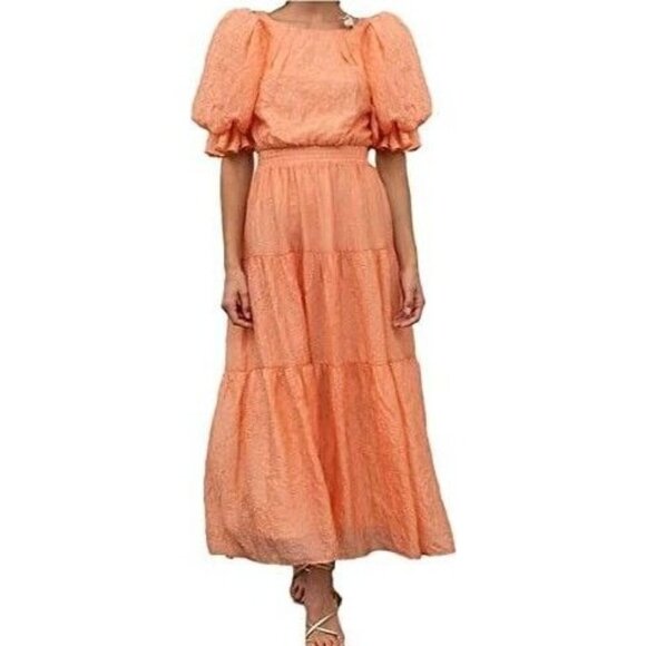 MOON RIVER Womens Sz S Puff Sleeve Tiered Back cutout Midi Dress Coral Cocktail - Picture 16 of 16